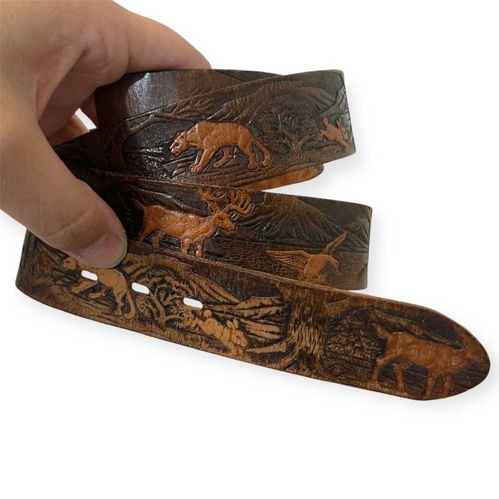Handmade Deer Wildlife Embossed Cowboy Tooled Brown Leather Belt Without Buckle